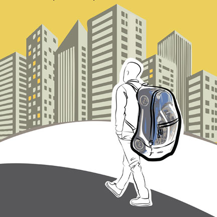 A simple contour-drawn man walks through the city wearing a backpack with a Smart Car inside. Reads: Fits almost anywhere